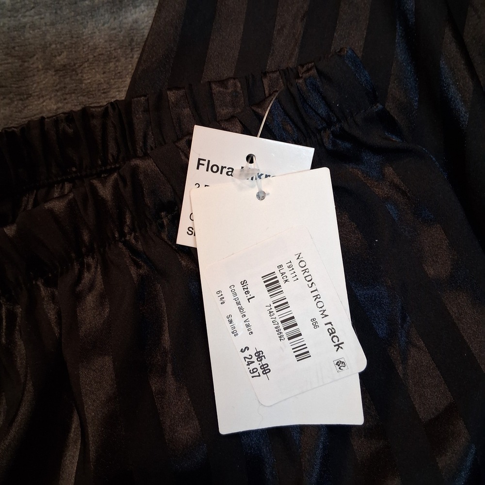 NWT Flora by Flora Nikrooz Pajama Pants Womens Large Black Striped Satin Lounge - Picture 4 of 9